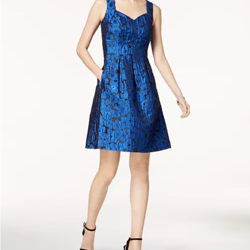 Metallic Blue Brocade Sweetheart Sleeveless Dress Nine West EUC
